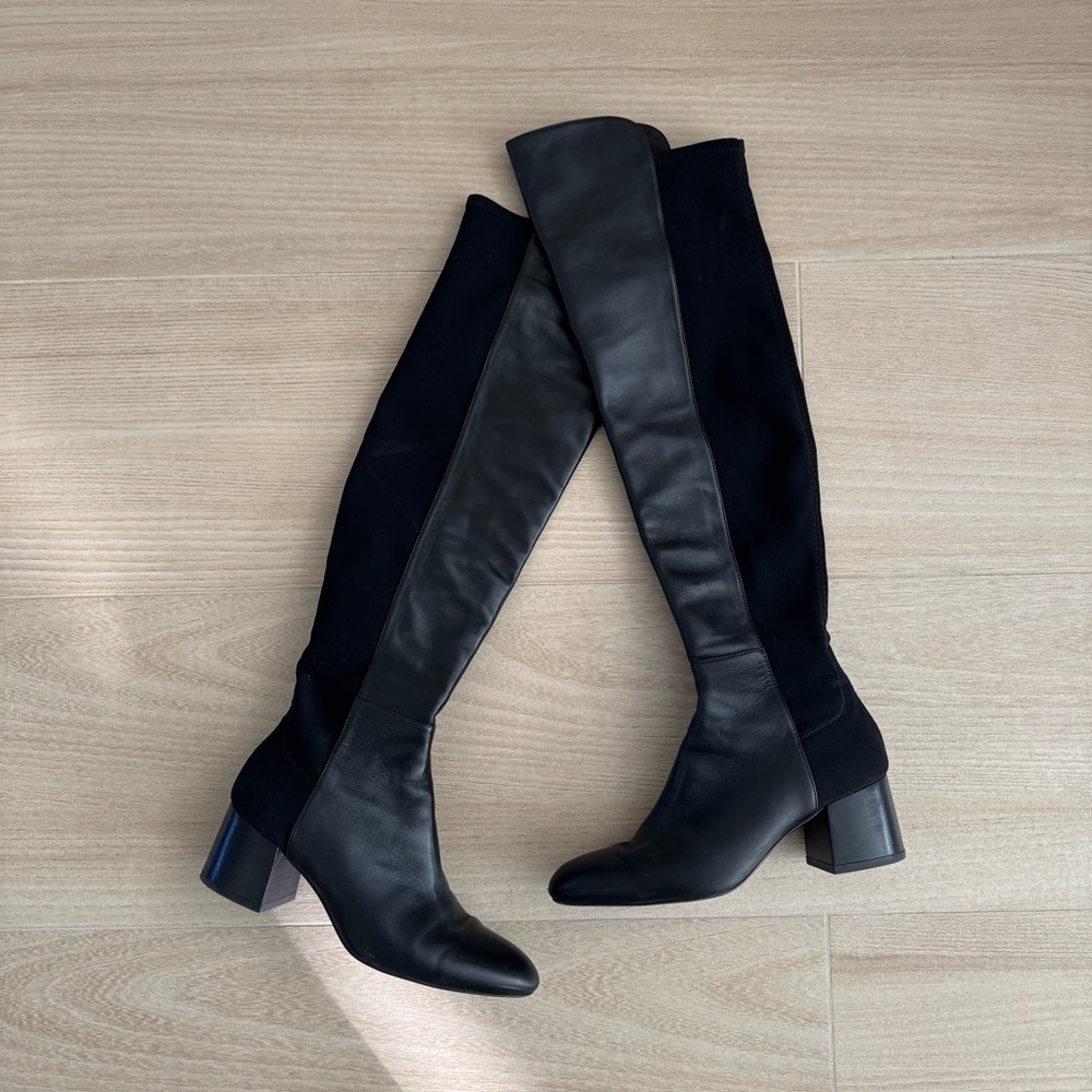 Stuart Weitzman 5050 Black Leather Flareblock Boots, 7.5